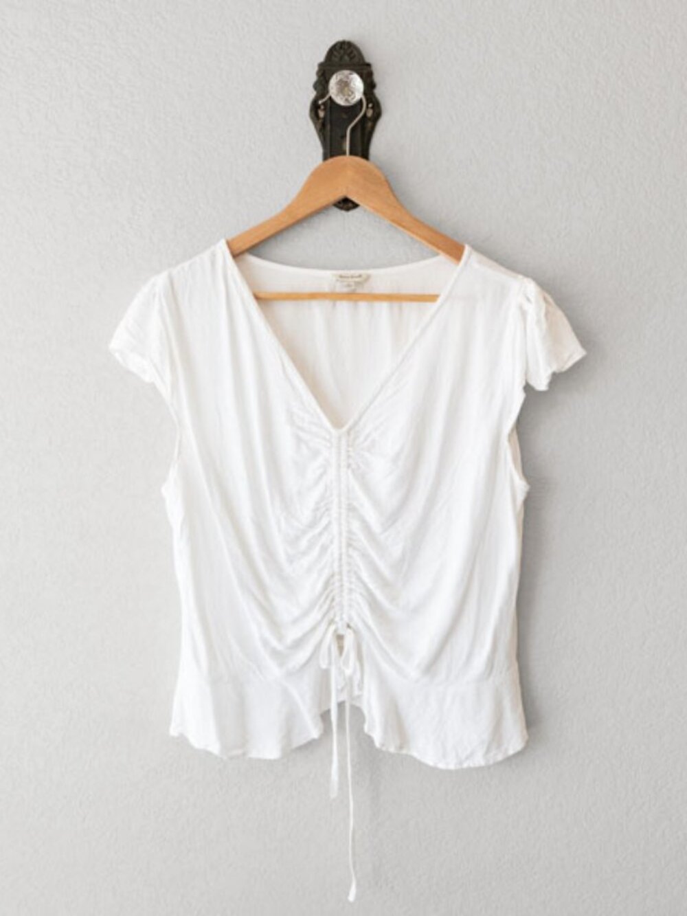 Sim & Sam White Ruched Drawstring Top Womens XL Short Sleeve Peplum Blouse